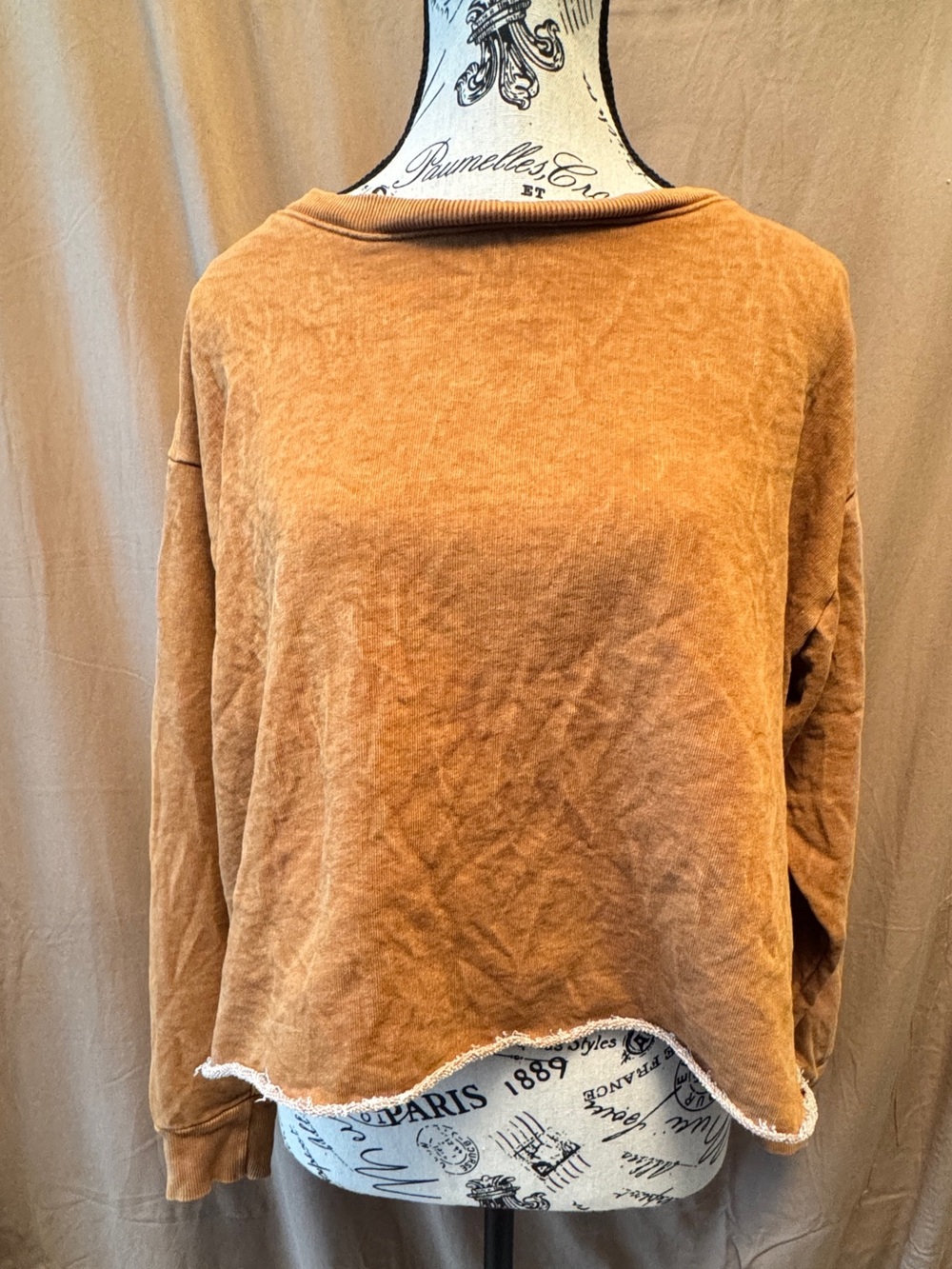 Relaxed Washed Brown Crewneck Sweater with Raw-Edge Hem